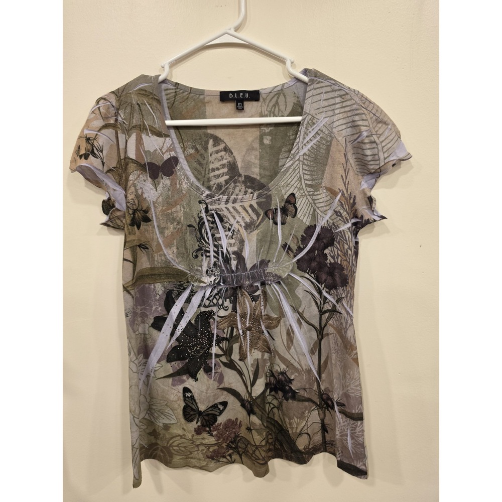 B.L.E.U. Women's M Floral Butterfly Embellished Top Boho Abstract Y2K Hippie